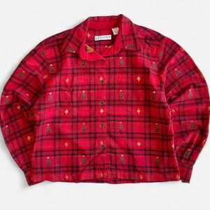 Vintage Dressbarn Red Plaid Metallic Christmas Tree Holiday Button Down Shirt